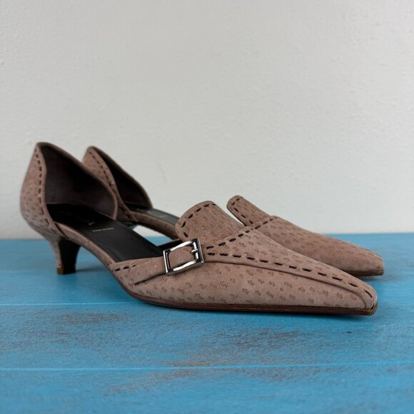 PRADA Tan Ostrich Suede Stitched Pointed Toe Kitten Heels Size 37.5 US 7.5 - Picture 2 of 12